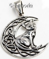 Pendentif Chat sur la Lune en argent, avec entrelacs et pentacle