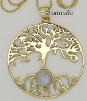 Pendentif Arbre de Vie et cabochon Pierre de Lune avec chaine, en laiton 