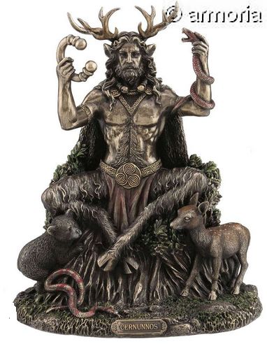 Figurine Cernunnos assis et Animaux aspect bronze 