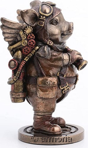 Figurine Steampunk Cochon Aviateur aspect bronze marque Veronese 