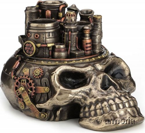 Figurine et Pot à Crayons Crâne Steampunk en résine aspect bronze