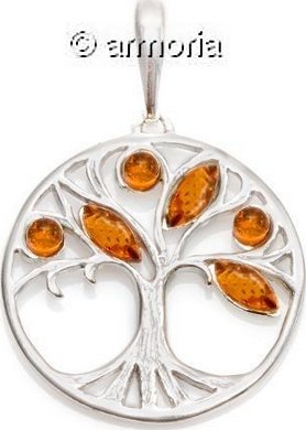 Pendentif Arbre de Vie cerclé en argent rhodié orné d'ambre