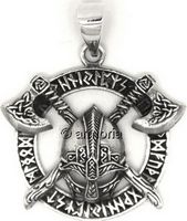 Pendentif Casque, Haches et Runes en argent