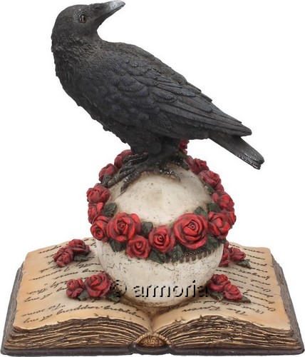 Figurine Corbeau perché sur Crâne, Roses et Livre 