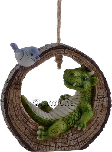 Figurine Dragon Vert dans Tronc d'Arbre avec Oiseau Bleu