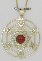 Pendentif Cube de Metatron et Cabochon Cornaline avec chaine, en laiton 