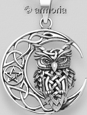 Pendentif Hibou sur Lune Celte et Pentacle en argent