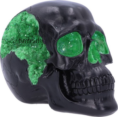 Figurine Crâne Tête de Mort noire avec Géode Verte