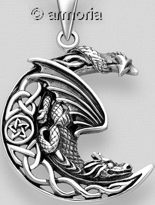 Pendentif Dragon couché sur la lune en argent