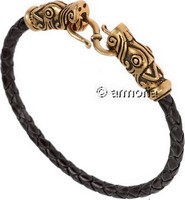 Bracelet Viking cuir noir et bronze avec têtes de dragon de Gotland-petit modèle
