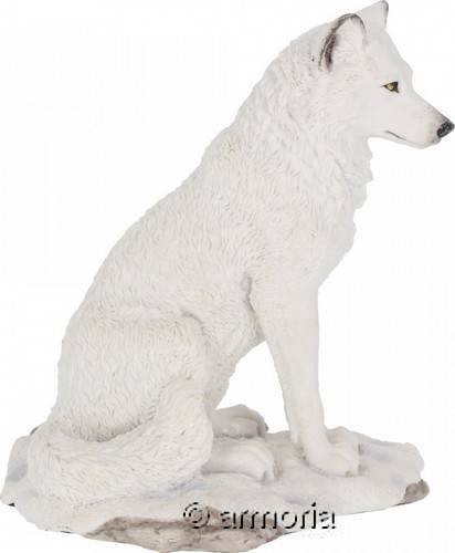 Figurine Loup Blanc assis dans la Neige en résine