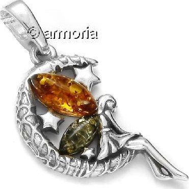 Pendentif Fée sur Lune en argent Ailes Ambre bicolores 