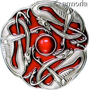 Boucle de ceinture 3 Chiens celtes, fond rouge