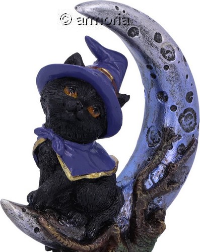 Figurine Chat Noir Sorcier assis sur Croissant de Lune 