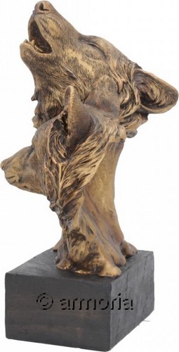 Figurine Deux Têtes de Loup sur socle aspect bronze