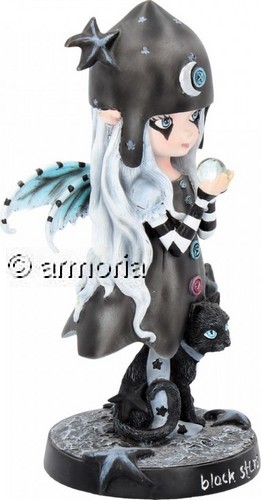 Figurine Fée Gothique avec Boule de cristal et Chat Noir "Etoiles Noires" 