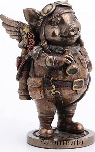 Figurine Steampunk Cochon Aviateur aspect bronze marque Veronese 