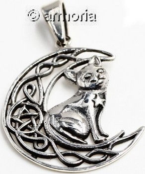 Pendentif Chat sur la Lune en argent, avec entrelacs et pentacle