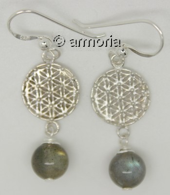 Boucles d'Oreilles Fleur de Vie et Boule de Labradorite en argent