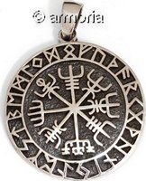 Pendentif Viking Boussole Vegvisir cerclé de runes en argent, 2.7 cm