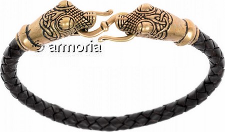Bracelet Viking cuir noir et bronze Têtes de Dragons d'Oseberg modèle moyen