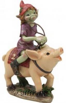 Figurine Pixie faisant Course à dos de Cochon 