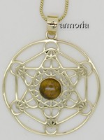 Pendentif Cube de Metatron et Cabochon Oeil de Tigre avec chaine, en laiton