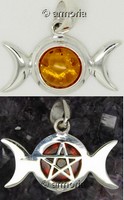 Pendentif Triple Lune ou Triple Déesse et Pentacle au verso en argent avec cabochon en Ambre