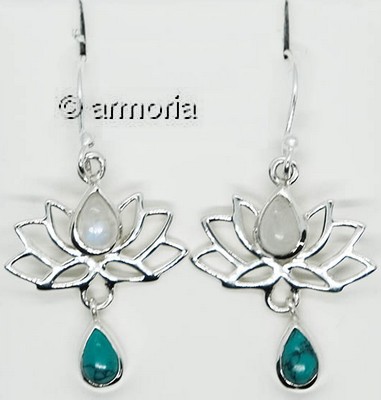 Boucles d'oreilles Fleur de Lotus en argent avec turkénite et pierre de lune