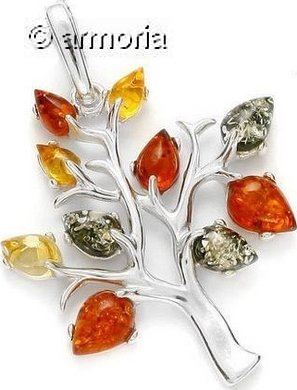 Pendentif Arbre de Vie en argent rhodié orné d'ambre multicolore