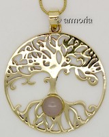 Pendentif Arbre de Vie et cabochon quartz rose avec chaine, en laiton 