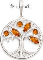 Pendentif Arbre de Vie cerclé en argent rhodié orné d'ambre